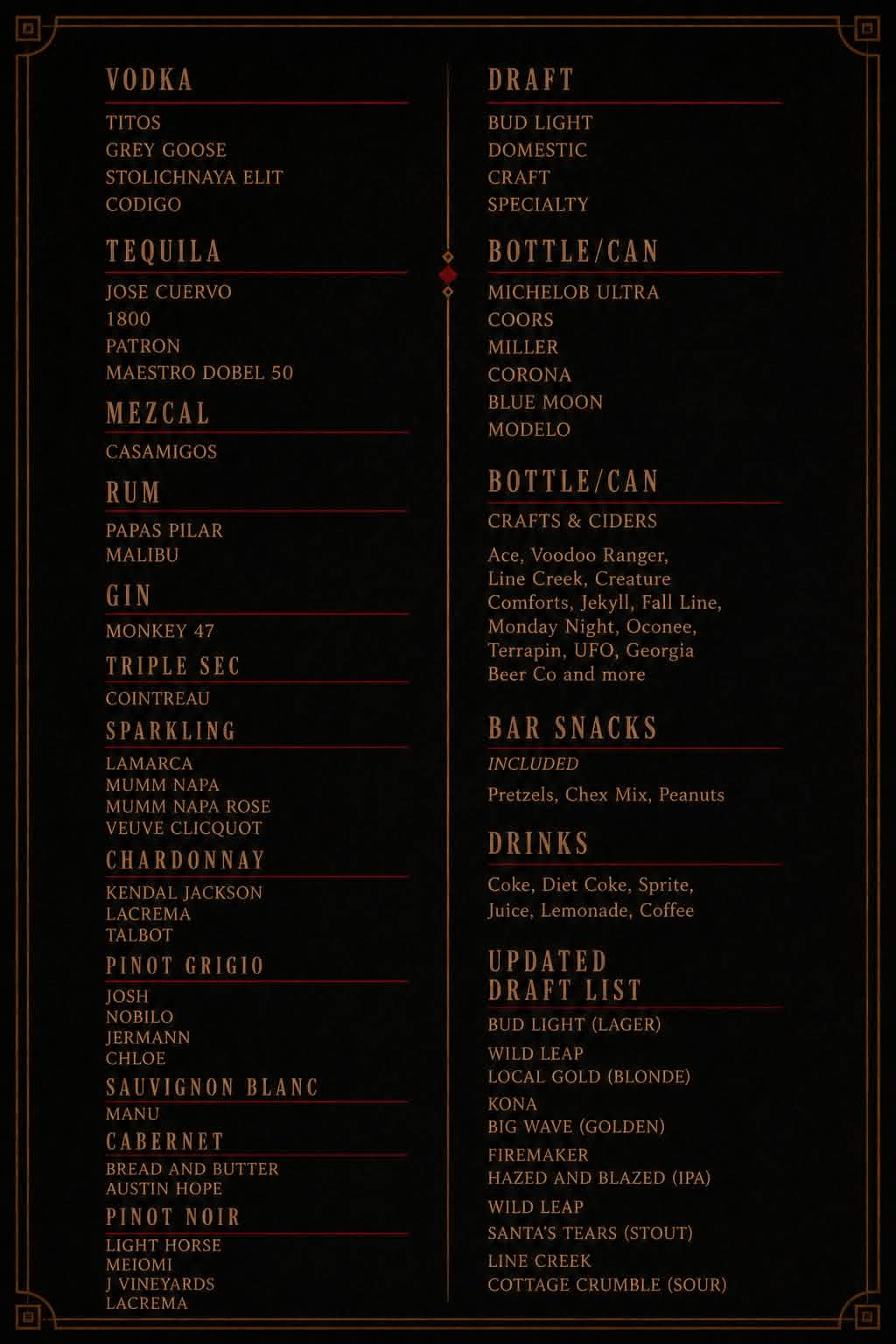 Vodka, tequila, wine, beer, and bar snacks menu